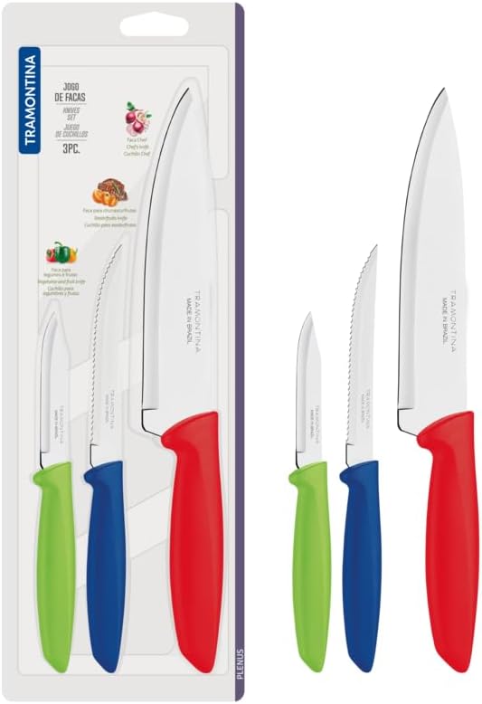 Plenus Cutlery 18/0 Stainless Steel 3 Pc Knife Set with Multi-Colored Polypropylene Handles