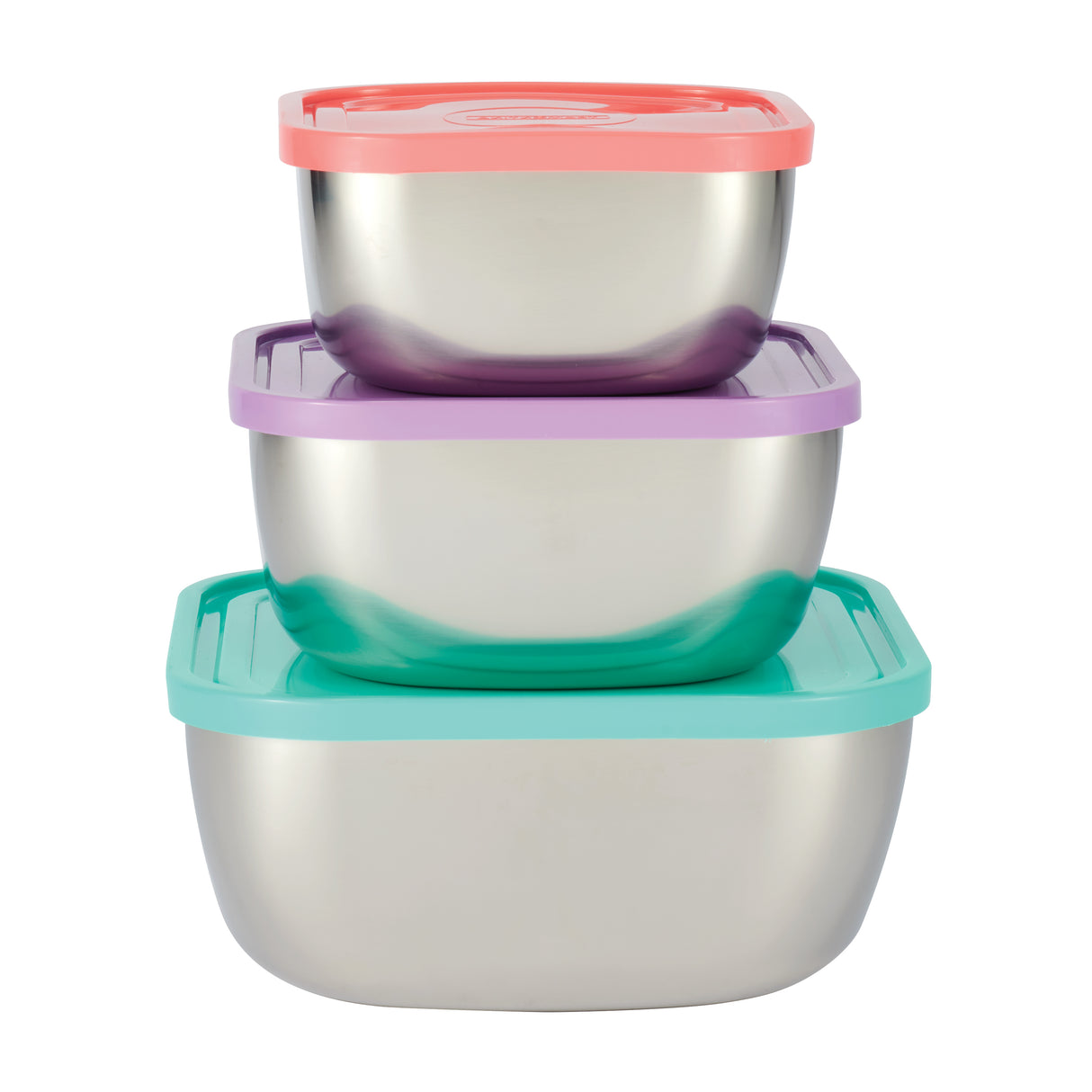 6 Piece Stainless Steel Covered Square Container Set - Multi Color Lids