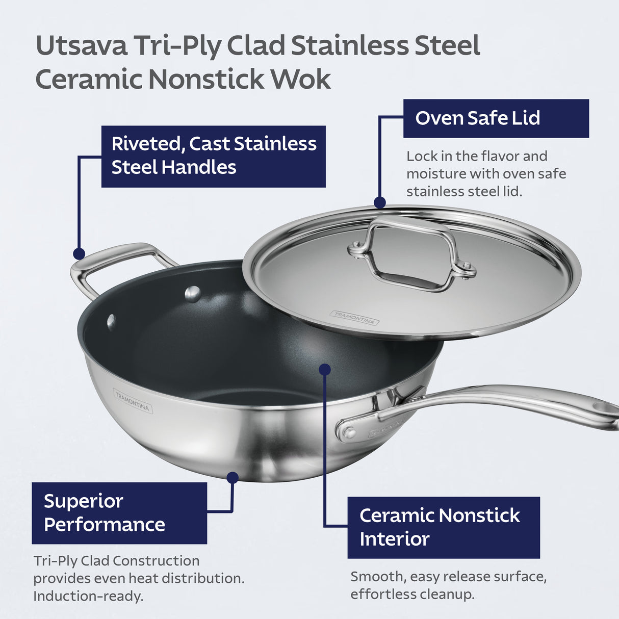 Utsava Tri-Ply Clad 3.75 Qt Covered Wok with Ceramic Interior
