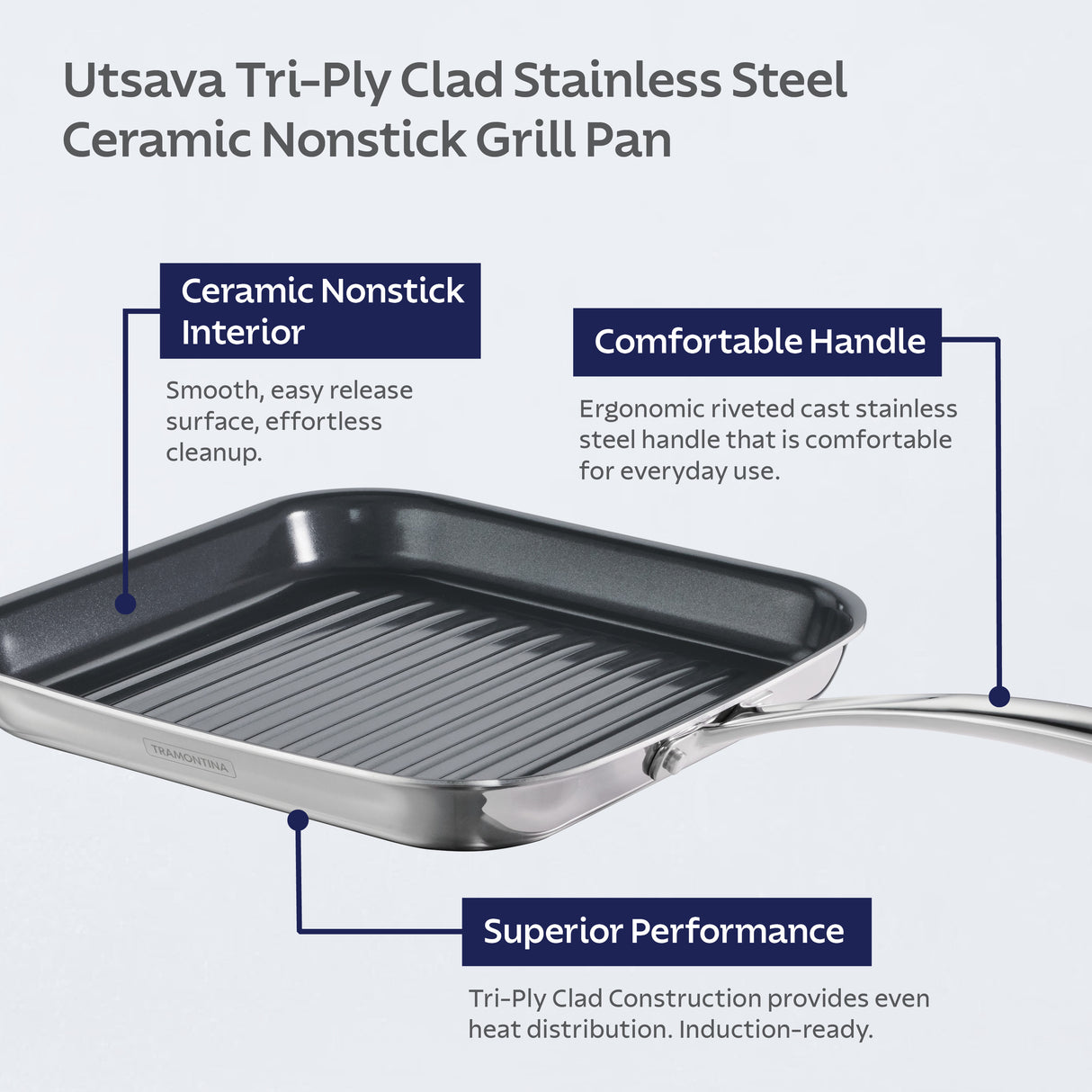 Utsava Tri-Ply Clad 10-Inch Grill Pan with Ceramic Interior