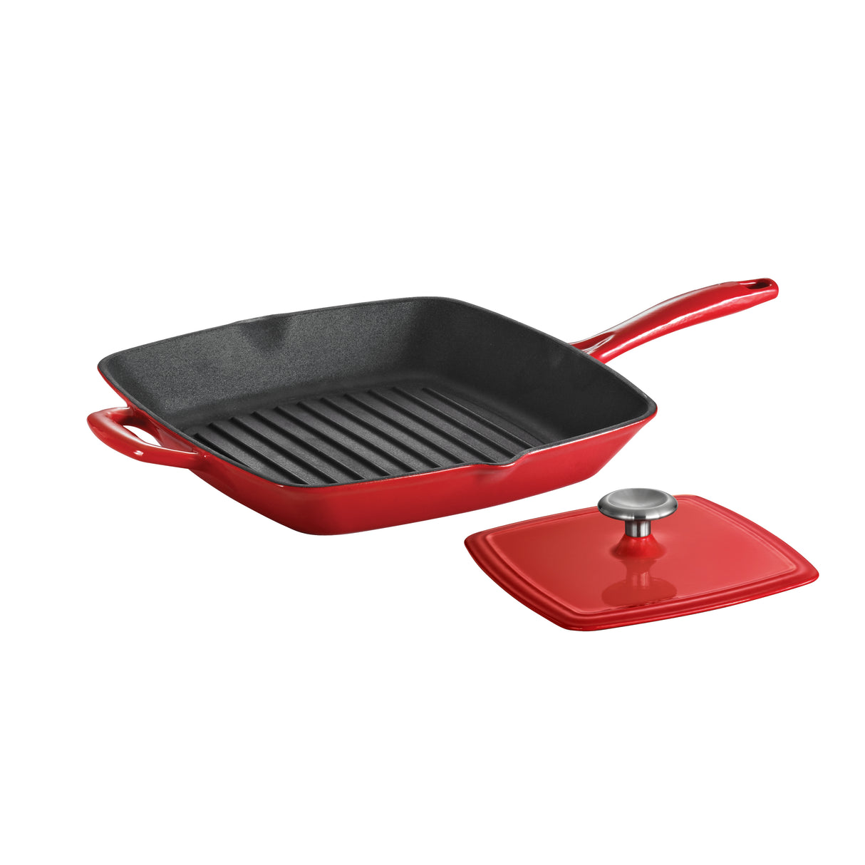 Bestow 11 in Enameled Cast-Iron Grill Pan with Press - Gradated Red