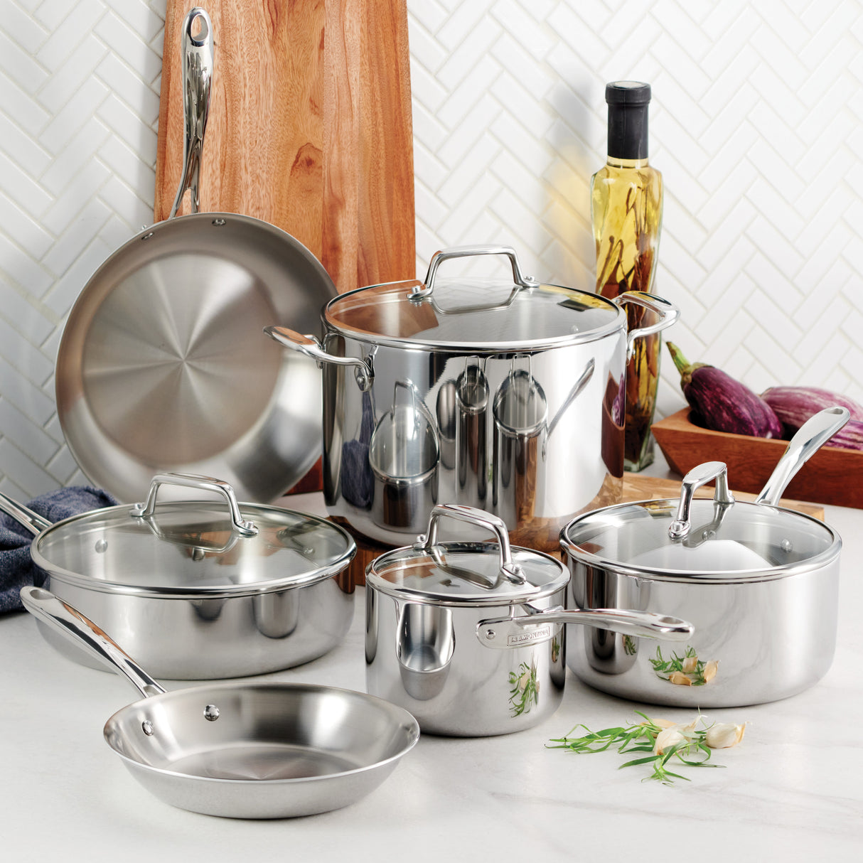 Tri-Ply Clad Stainless Steel Cookware Set with Glass Lids