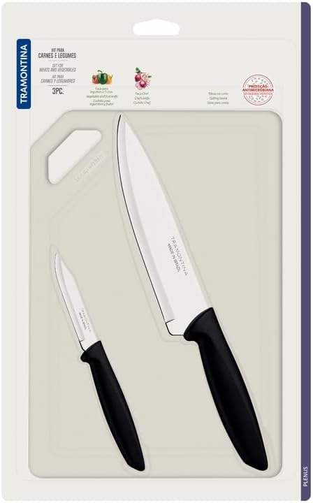 3Pc 3" Vegetable Knife - 7" Chef's Knife - Cutting Board