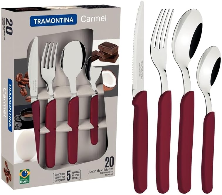 Carmel Stainless Steel 20 Pc Flatware Set with Red Polypropylene Handles