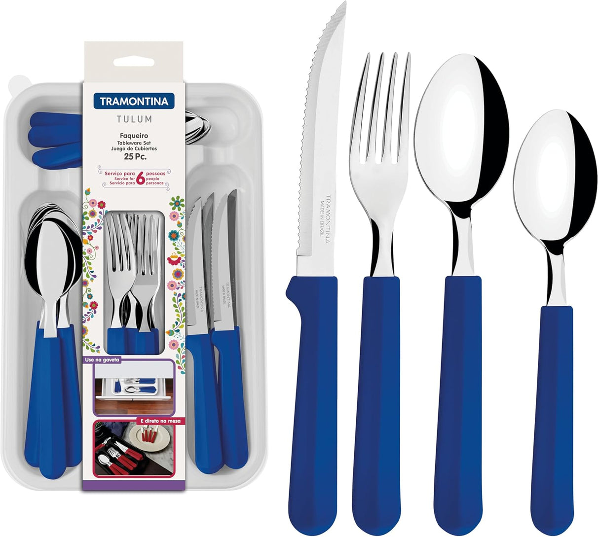 Tulum Stainless Steel 25 Pc Flatware Set with Blue Polypropylene Handle