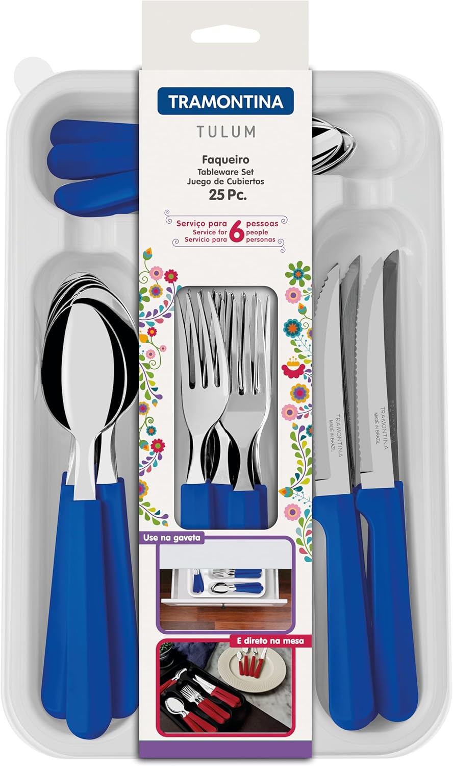 Tulum Stainless Steel 25 Pc Flatware Set with Blue Polypropylene Handle