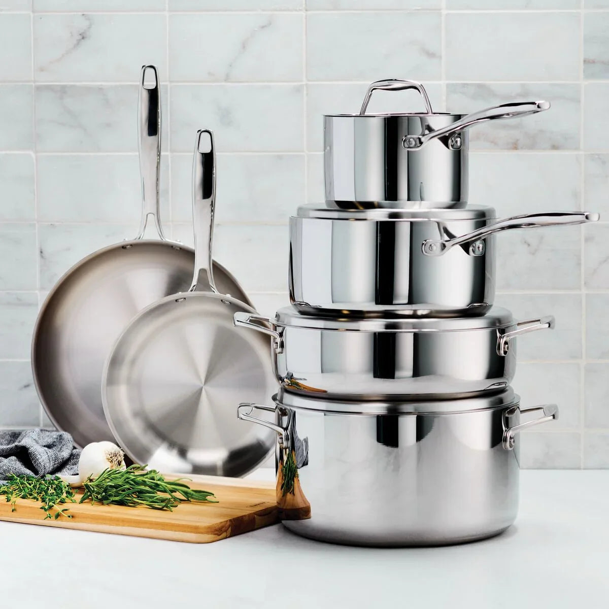 10 Pc Cookware Set - Tri-Ply Clad SS Induction - Sea - Gourmet