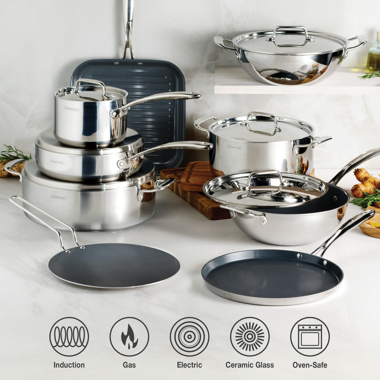 Utsava Tri-Ply Clad 2.9 Qt Covered Deep Sauté Pan with Ceramic Interior
