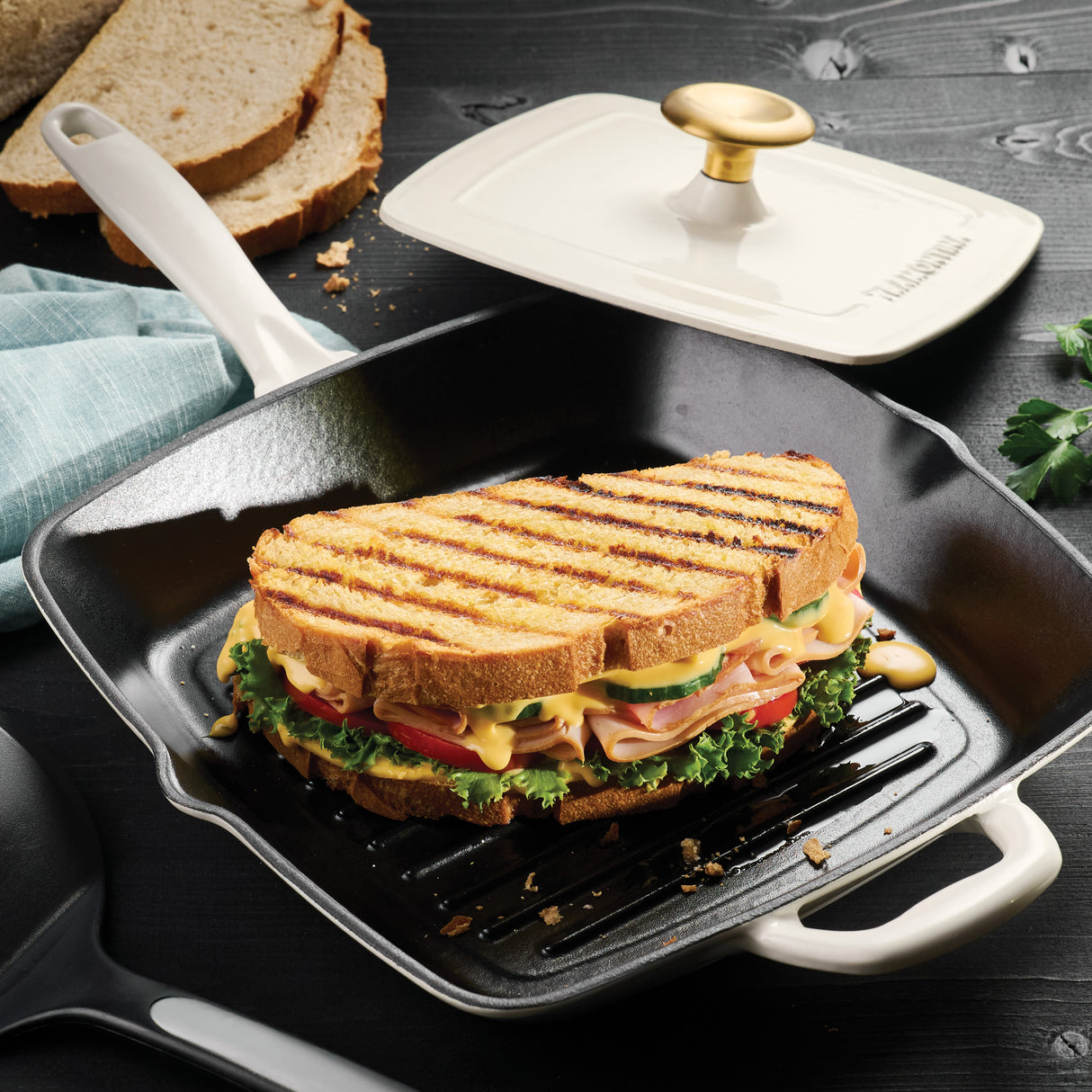Bestow 11 Inch Enameled Cast-Iron Grill Pan with Press
